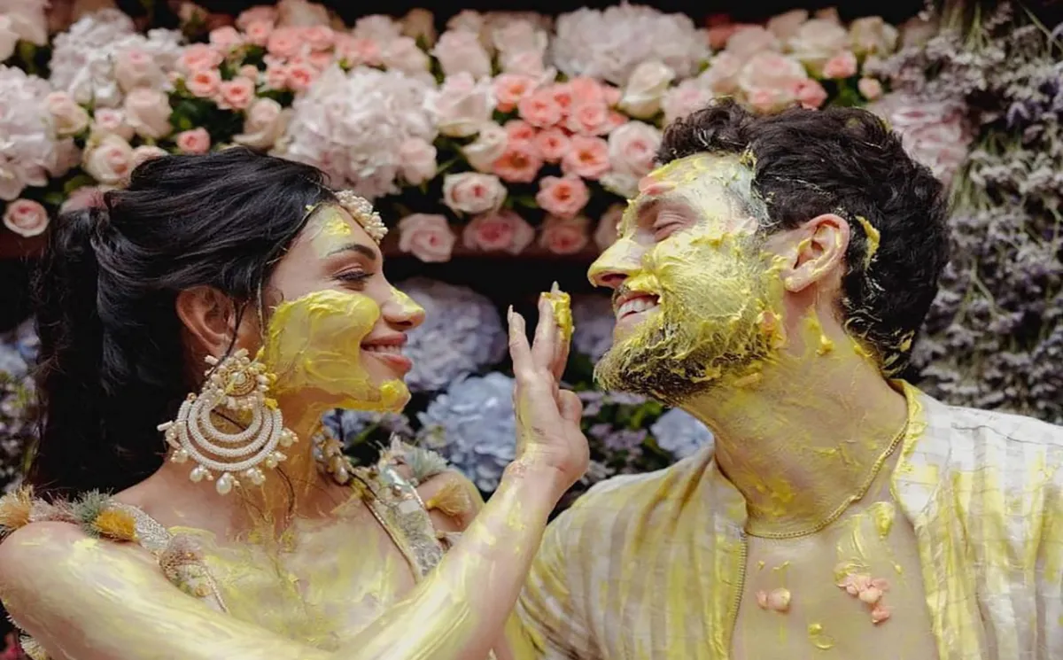 Haldi yellow floral decoration Indian wedding Vows Vachan